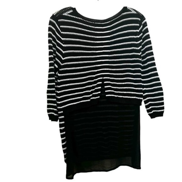 FEMME Open Knit Sheer Back Detail Striped Sweater Crew Lightweight Coastal Top M - Picture 3 of 15